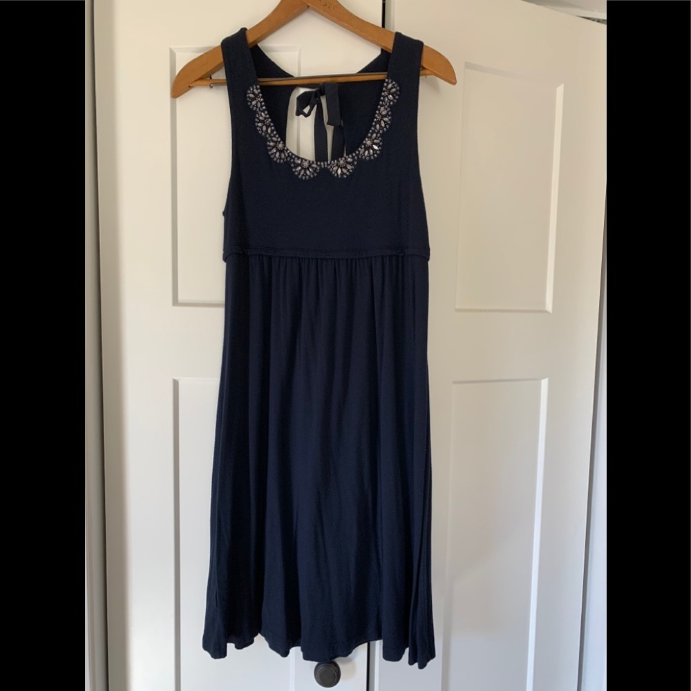 LOFT S EUC sleeveless  dress navy jeweled neckline